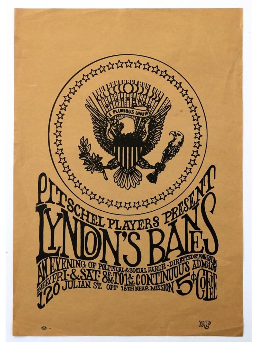1960s San Francisco Poster, Pitschel Players Satire “Lyndon’s Bane”, Vintage Art